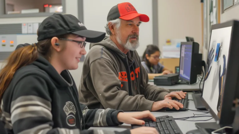 two skilled trades trainee's learning on virtual simulations on computers