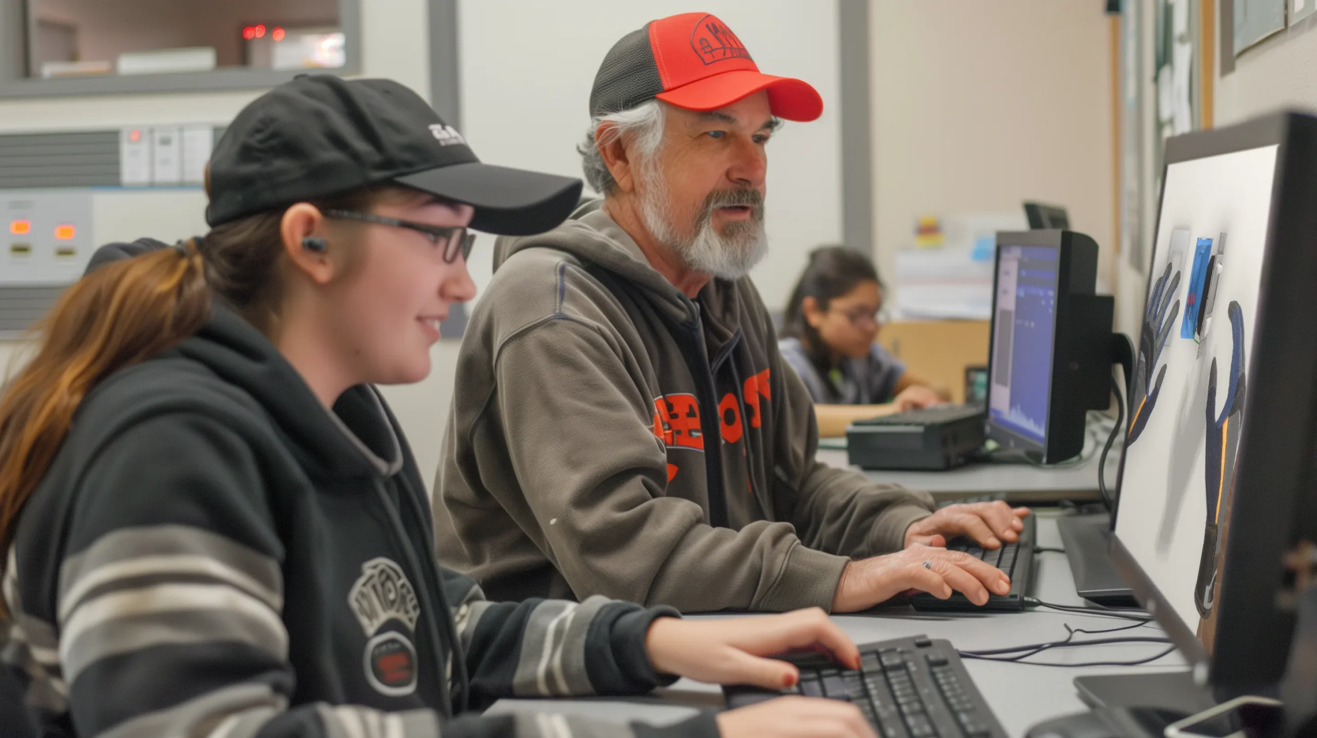 two skilled trades trainee's learning on virtual simulations on computers