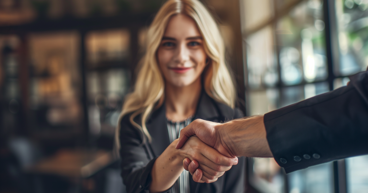 Woman smiling and shaking hands with another individual