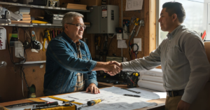 Featured image for Second-Chance Hiring blog showing two men in an office shaking hands