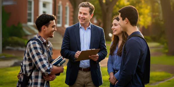 A teacher having a conversation with students on campus.