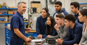 Trades school students around an instructor in a classroom