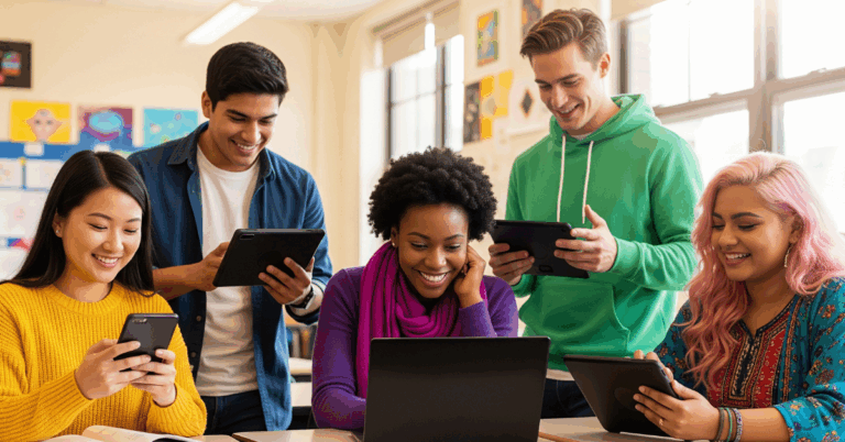 students on mobile media devices studying for trades programs