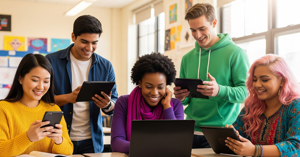 students on mobile media devices studying for trades programs
