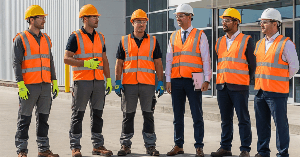 team of industrial facility workers who are standing around due to downtime issues with facility operations