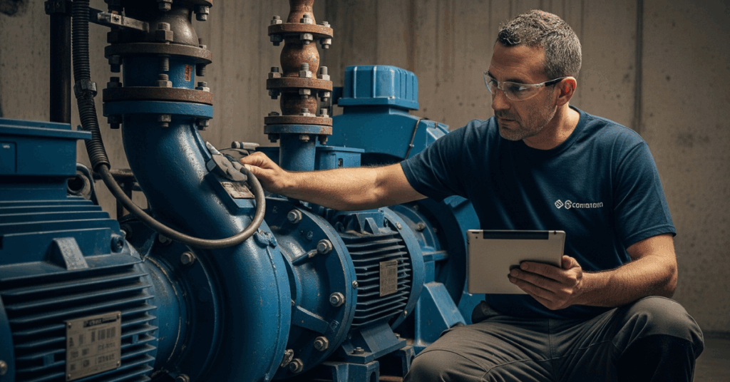 Facilities maintenance tech working on equipment in a facility