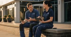 Two facilities maintenance professionals in uniform review training materials on a tablet outside a commercial building, highlighting the importance of mechanical systems education in preventing costly breakdowns.