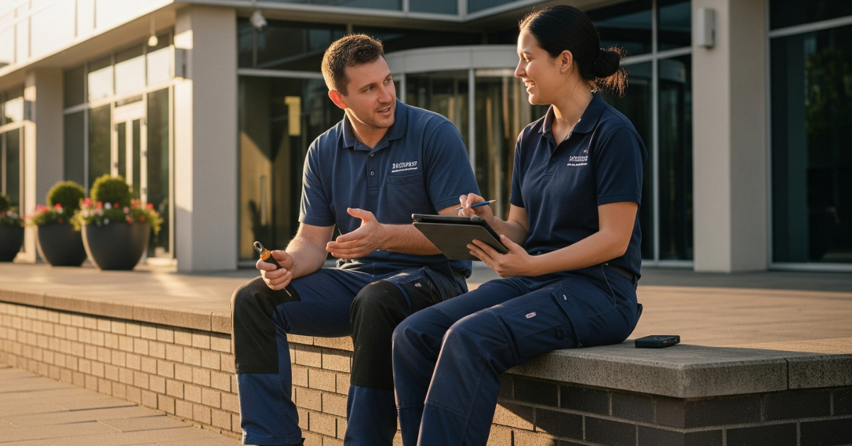 Two facilities maintenance professionals in uniform review training materials on a tablet outside a commercial building, highlighting the importance of mechanical systems education in preventing costly breakdowns.