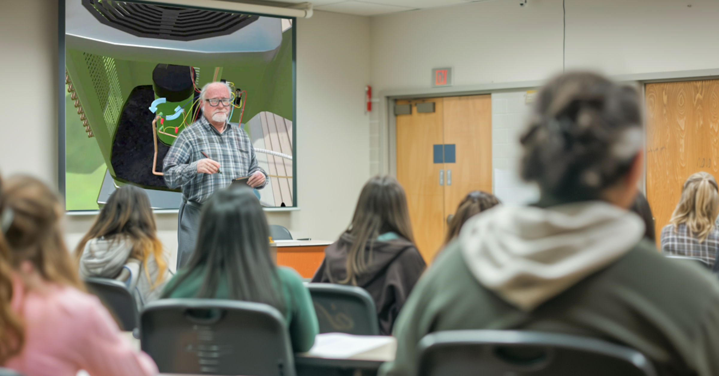 Instructor in classroom full of students leading a sim based trades training class