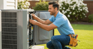 HVAC technician servicing an outdoor unit, showcasing hands-on skills that can be developed through simulation-based HVAC training.