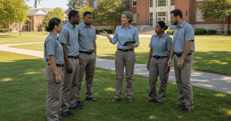6 Facilities Maintenance technicians of a university standing in a circle on a campus law