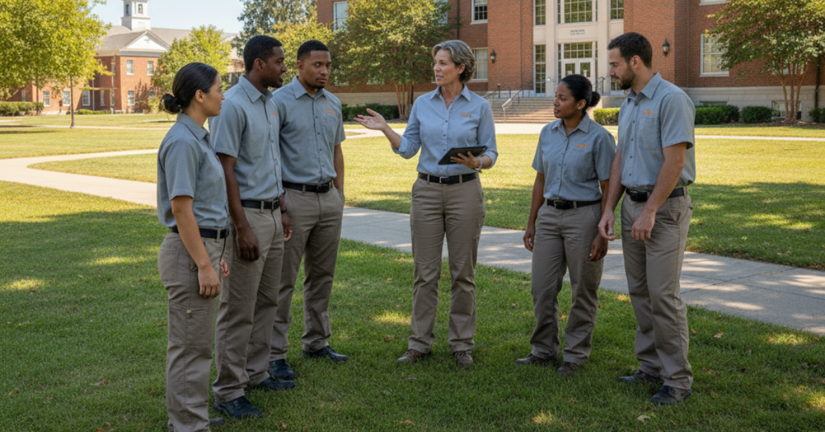 6 Facilities Maintenance technicians of a university standing in a circle on a campus law