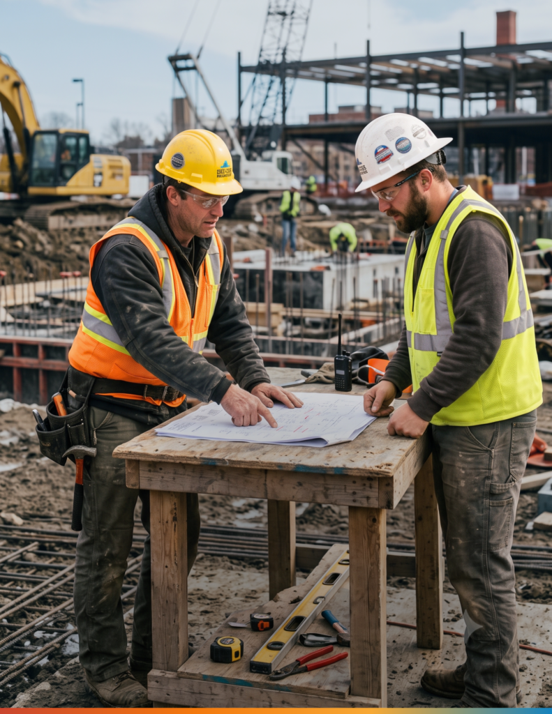 Two construction workers referring to a a plan on a construction site.