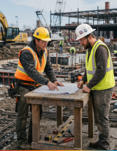 Two construction workers referring to a a plan on a construction site.