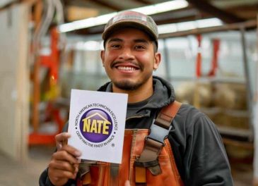 student holding up completed NATE certificate